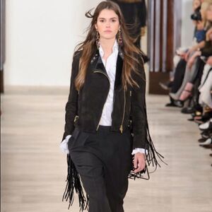 Ralph Lauren Fall ‘16 Runway Collection Black Suede & Velvet Fringed Moto Jacket